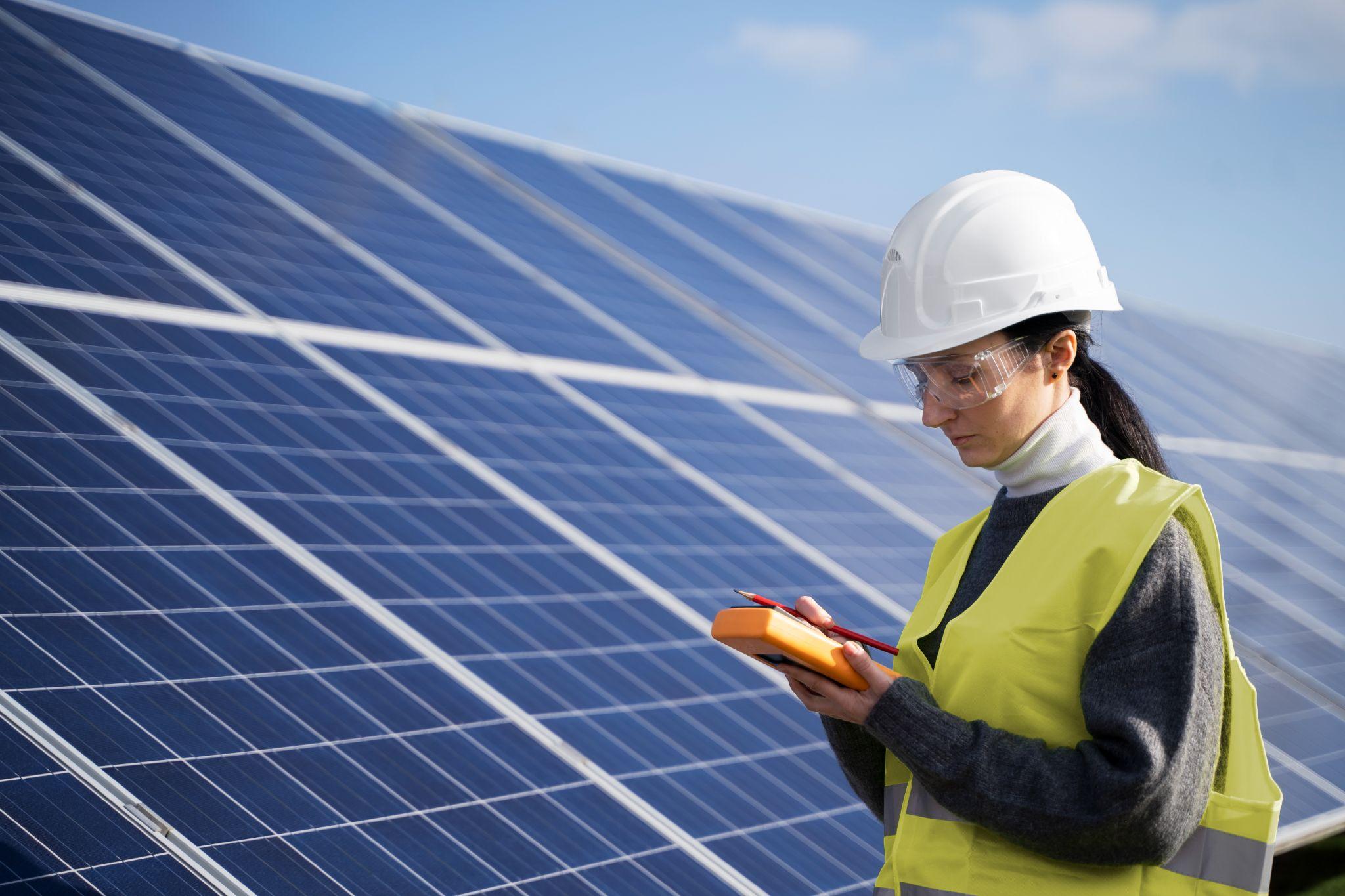 A female engineer in a hard hat using a multimeter in front of a large solar array