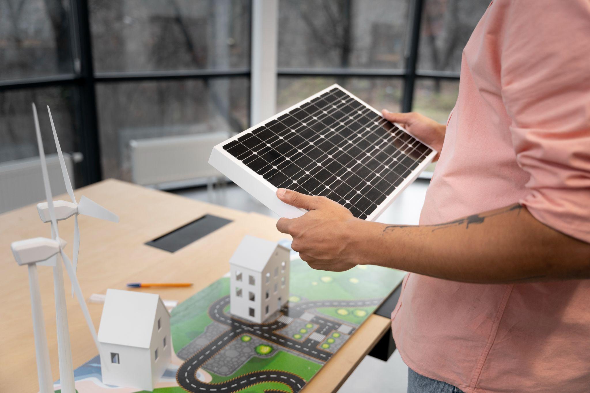 A person holding a solar panel beside model houses and wind turbines on a table
